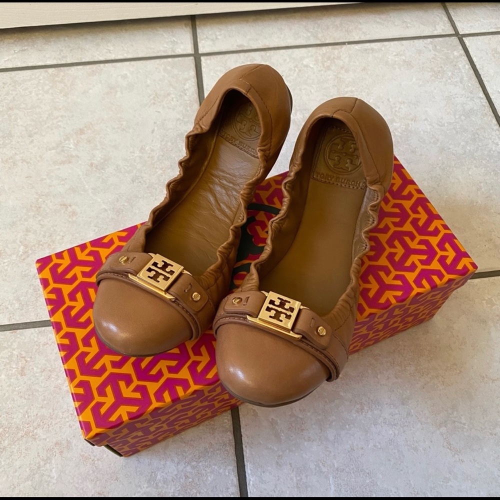 Tory Burch Tan Leather Ballet Flats with Gold Logo